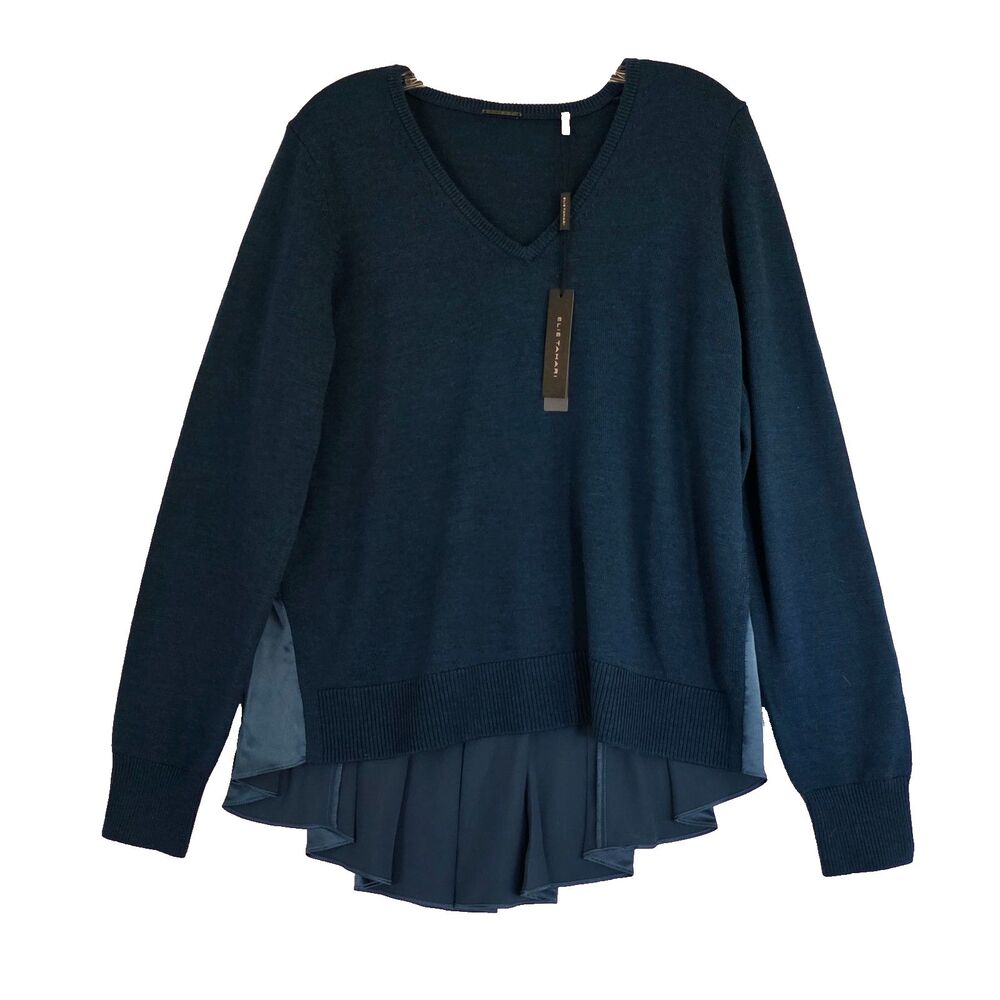 Elie Tahari 100% Silk Sheer Pleated Back Merino wool Sweater Blue sz L